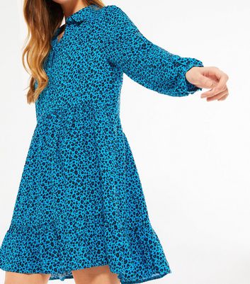 Blue Leopard Print Smock Shirt Dress ...
